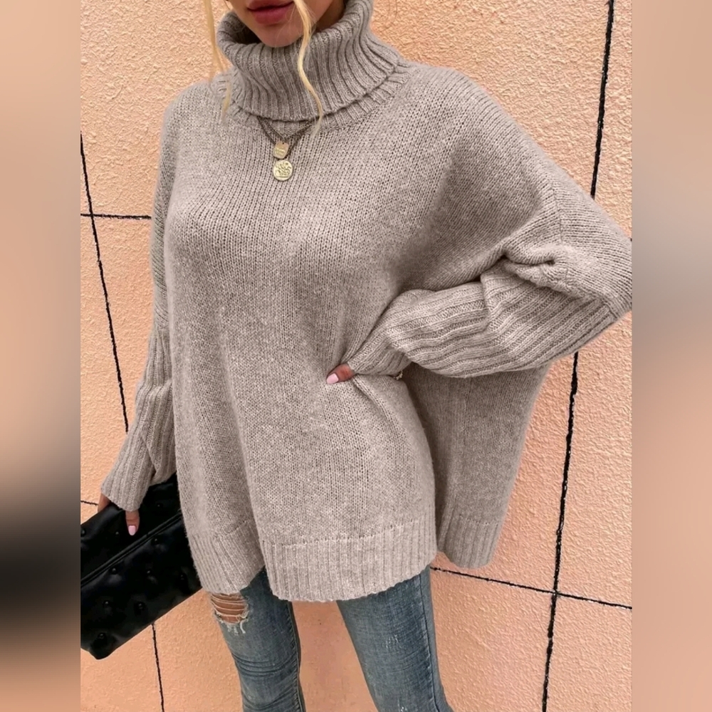 NEW Chunky Oversized Ribbed Turtleneck Sweater Top Khaki Tan Beige